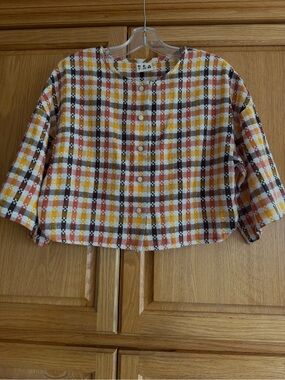 Beaton Harvest Plaid Linen cropped Cardigan Jacket XS